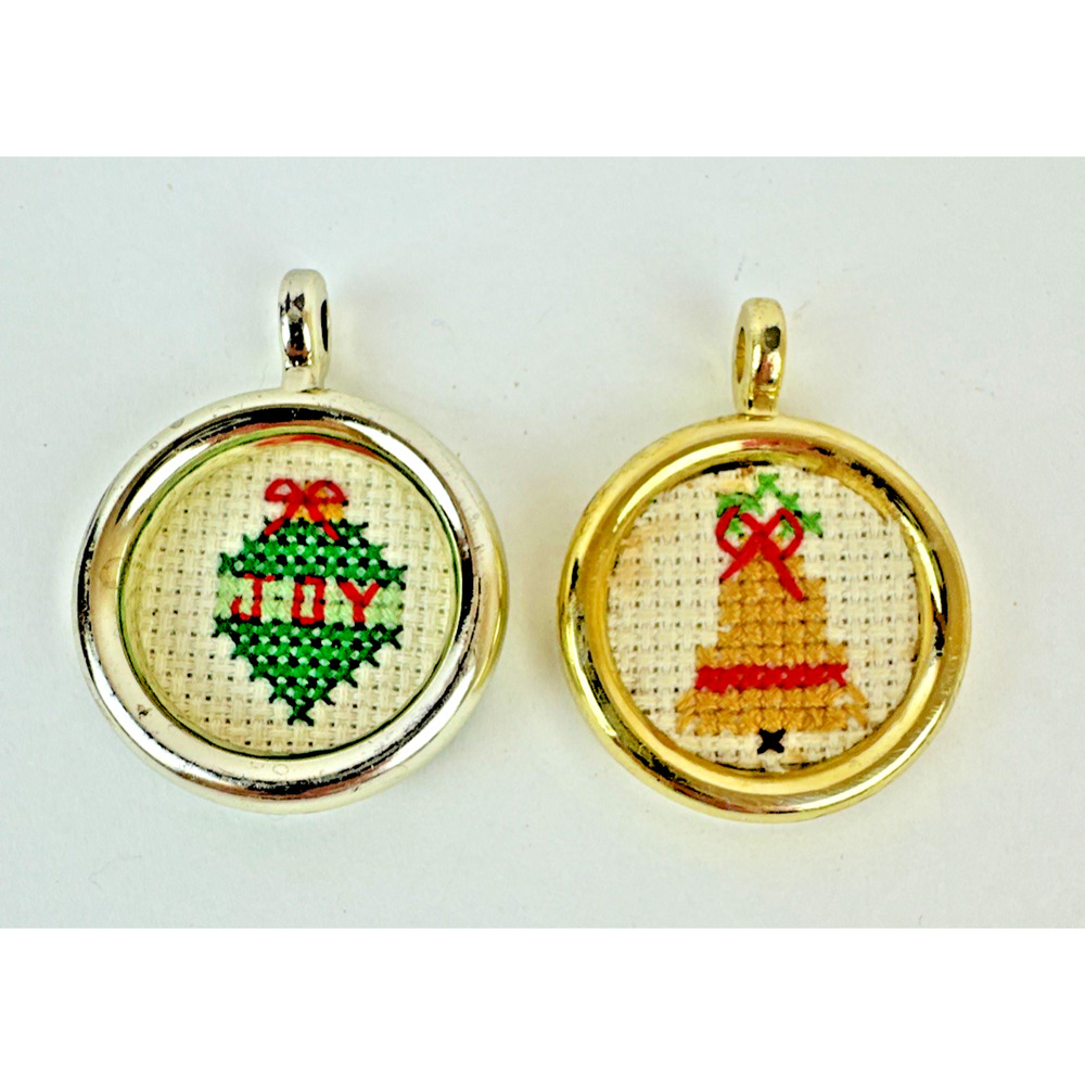 Vintage Cross Stitch Christmas Ornaments Miniature Plastic Frame Joy Bell